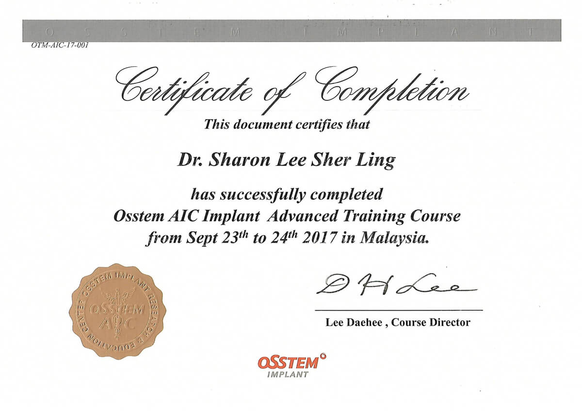 Implant Cert - Dr. Lee Sher Ling